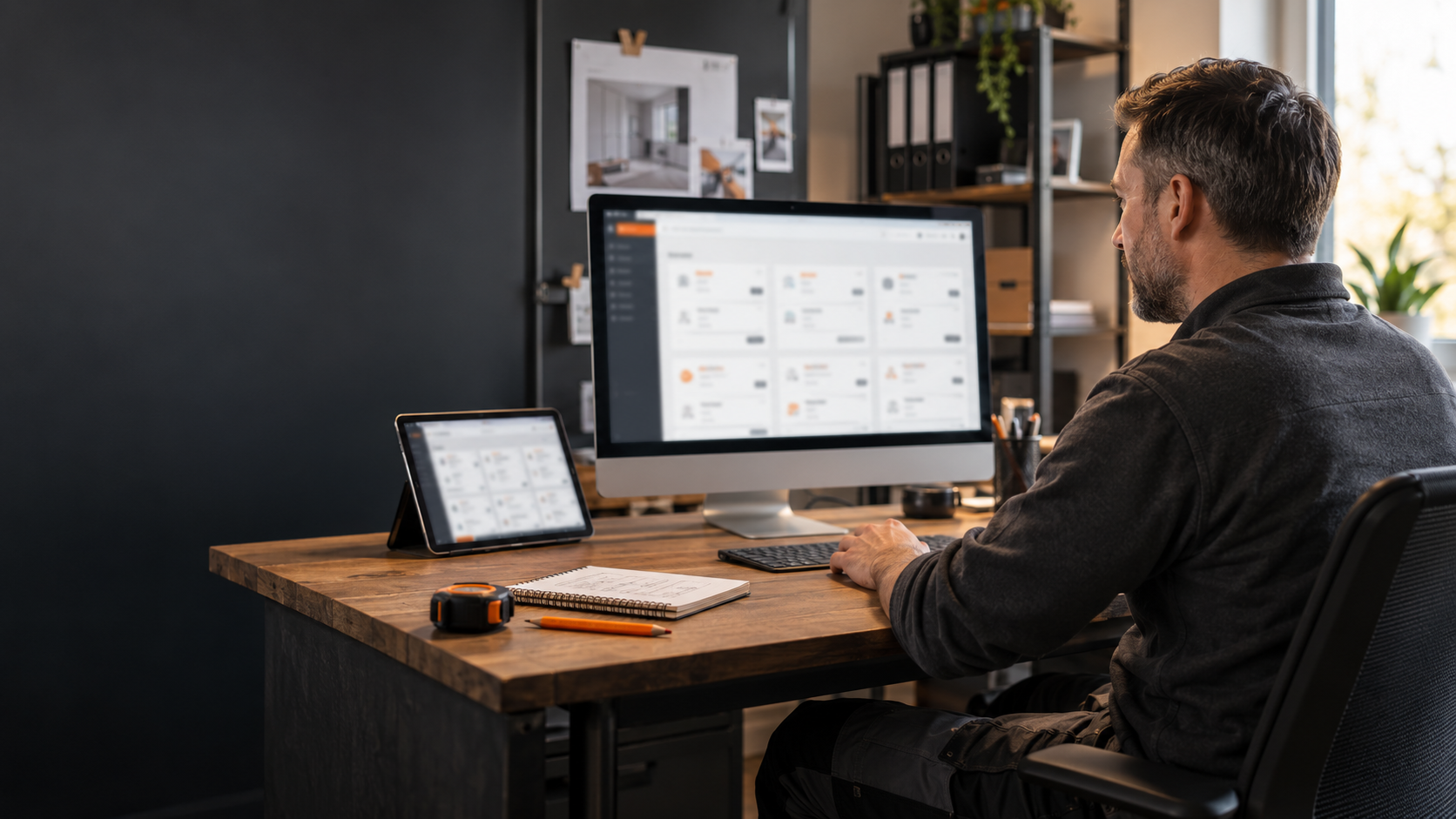Handwerker arbeitet am PC mit einem Tablet daneben